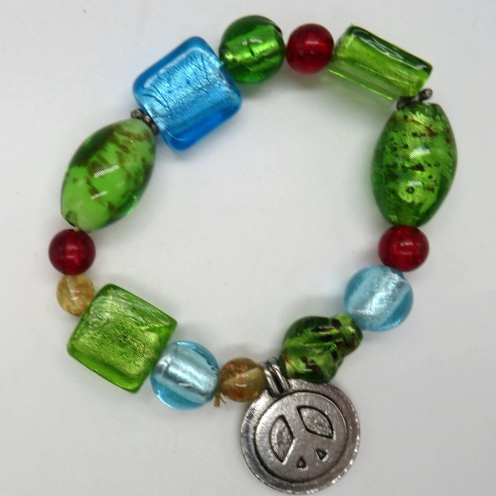 Peace Bracelet Colorful Art Glass Beads Silver Tone Metal Dangle‎ Charm